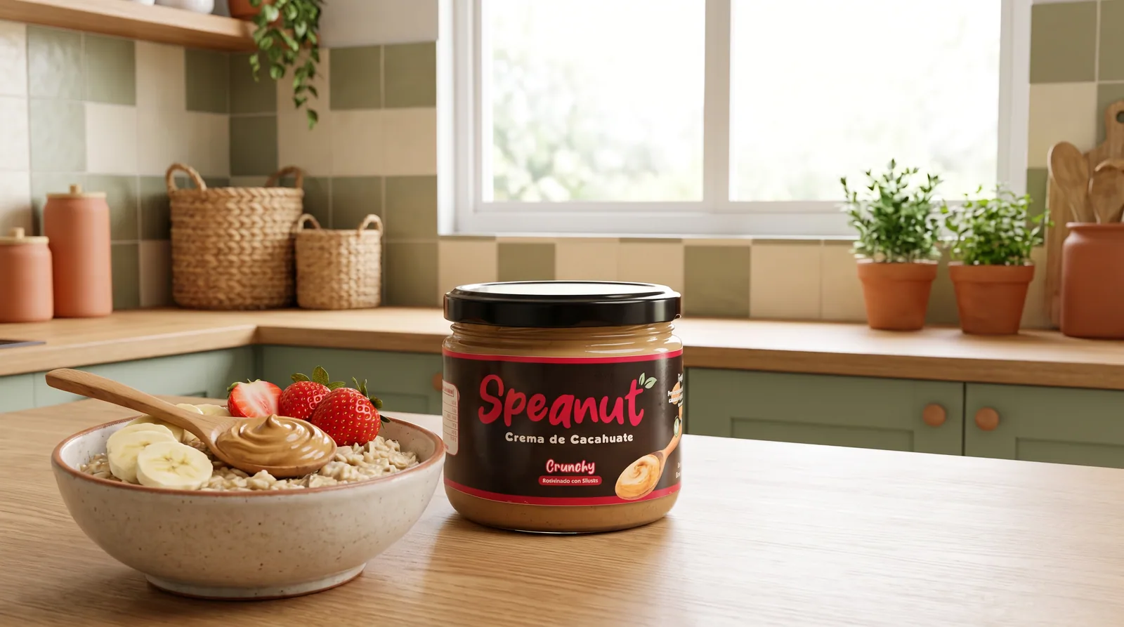 Frasco de Speanut Crunchy en una barra de cocina luminosa, junto a un tazón de avena con plátano y fresas